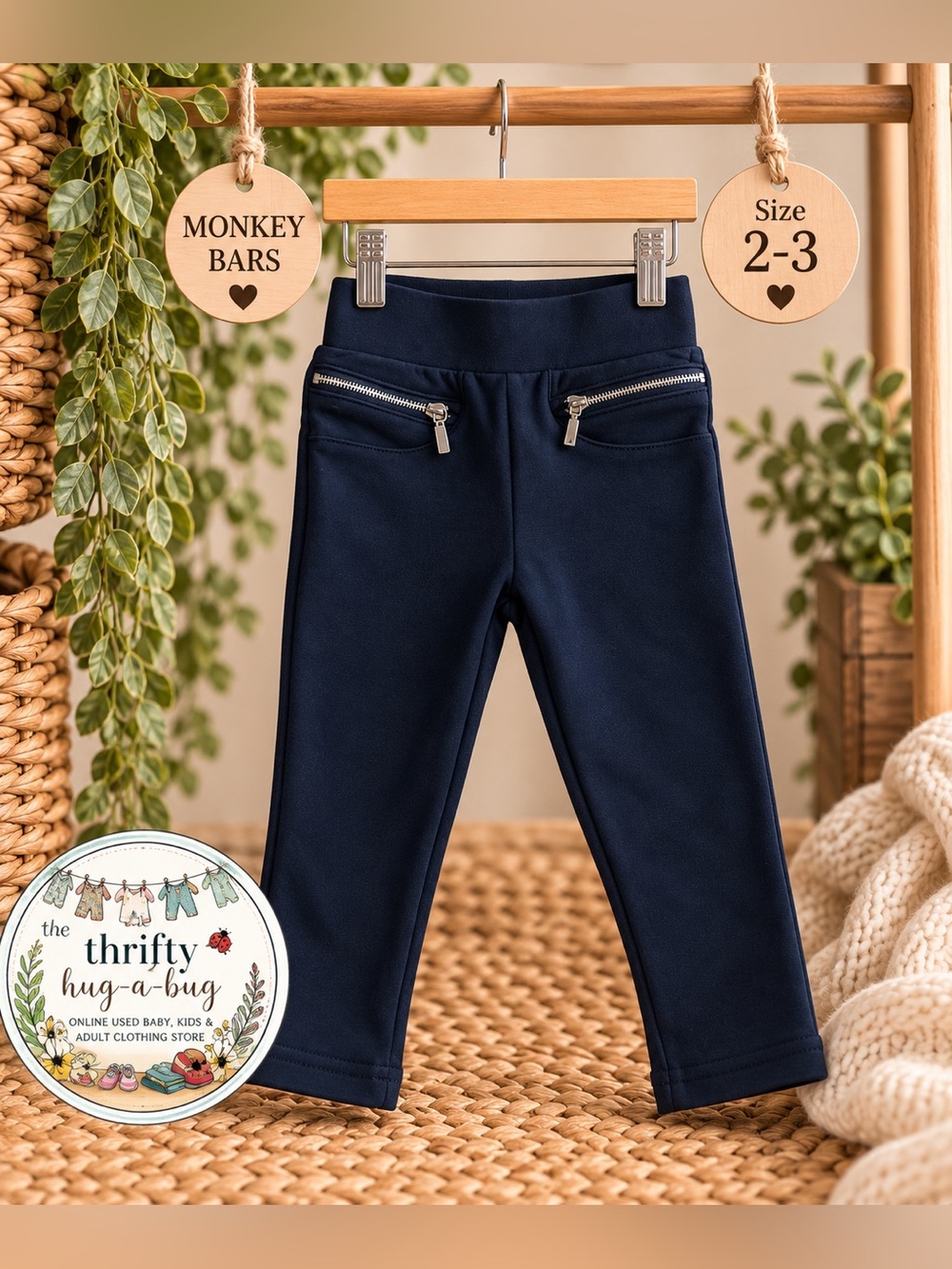 Monkey Bars Navy Girls Pull-On Pants – Size 2–3 ✨ Zipper Pocket Detail